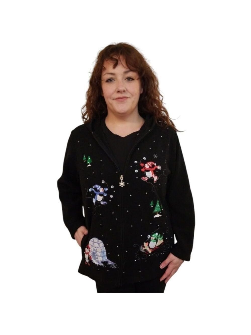 Essentials by Maggie Holiday Hoodie Embellished Black Fleece Jacket Size Large